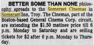 Somerset Cinema I & II (Somerset Inn Cinema I-II-III) - 1980 AD INDICATING THEATER WAS IN HOTEL